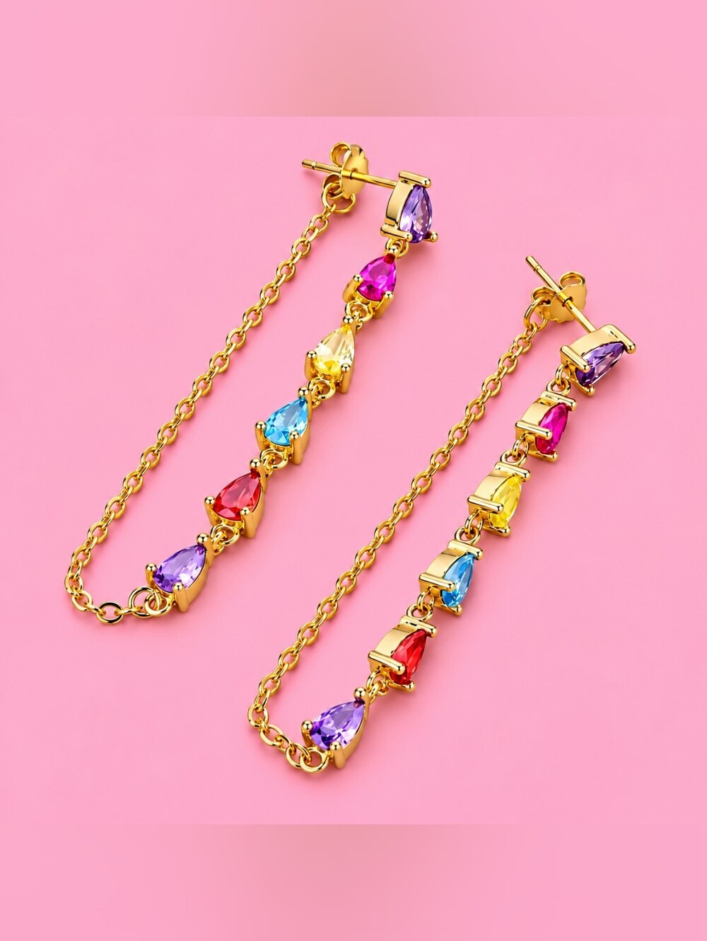 Gold Drop Earrings with Multicolor Gemstones - Women Jewelry